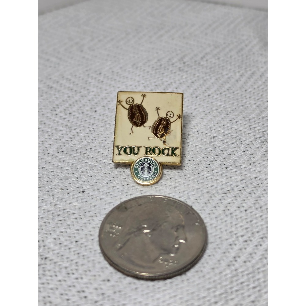 vintage Starbucks‎ "You Rock" employee appreciation enamel pin featuring cartoon